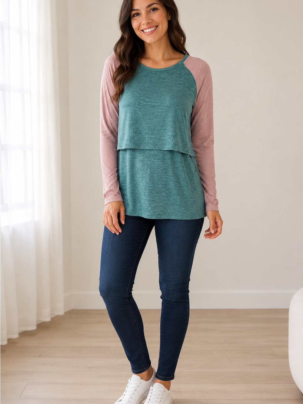 Bearsland Teal Body with Mauve Raglan Long Sleeve Top